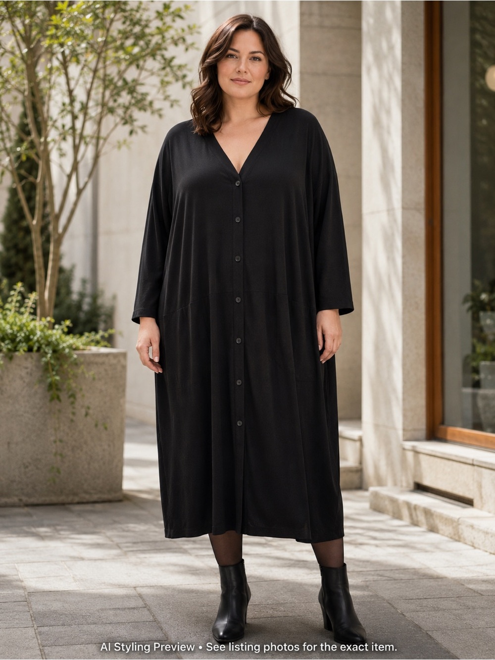 Q’NEEL Black Oversized Button Front Midi Dress US 1X/2X